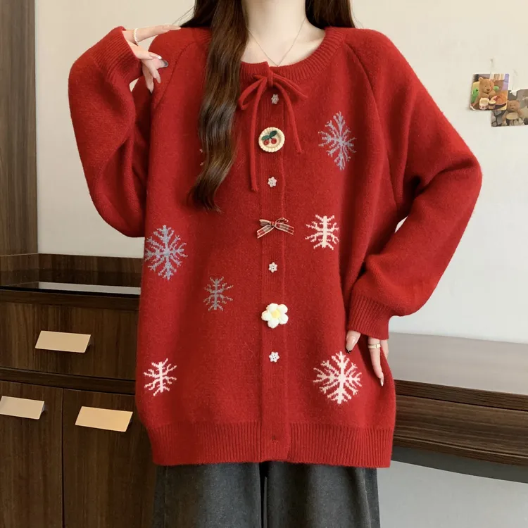 大码新味红色慵懒雪花撞色系带毛衣外套胖妹妹遮肚花朵针织上衣