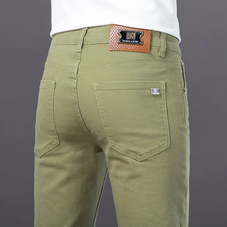 欧货高端浅绿色牛仔裤男夏季薄款2025修身小脚弹力时尚休闲潮男裤