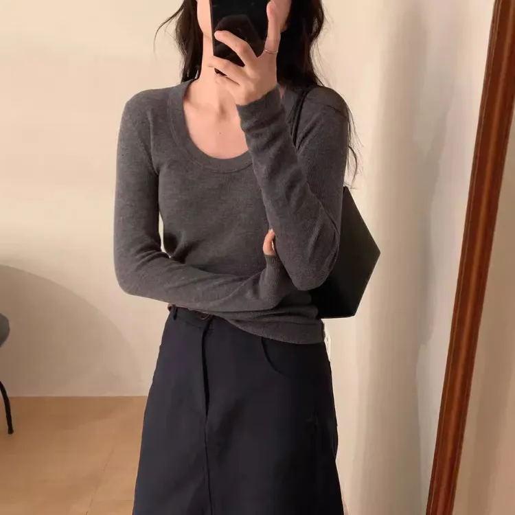 安哥拉红羊毛圆领基础打底衫女U领套头气质显瘦纯色羊毛衫针织