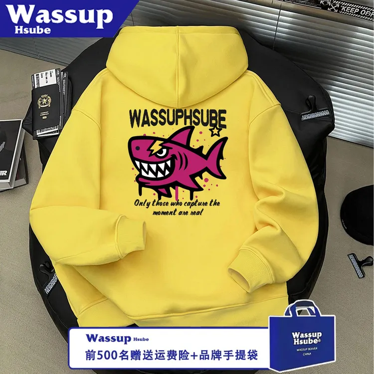 WASSUP HSUBE美式宽松男女卫衣动漫鲨鱼秋冬季无口袋连帽情侣上衣