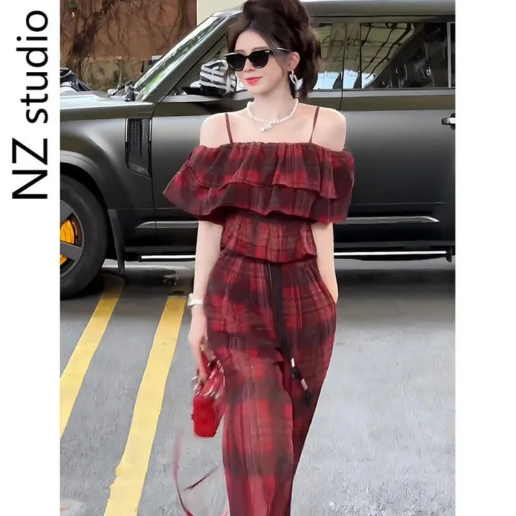 复古红色格子时尚套装女夏季一字肩露肩短袖上衣阔腿裤休闲两件套