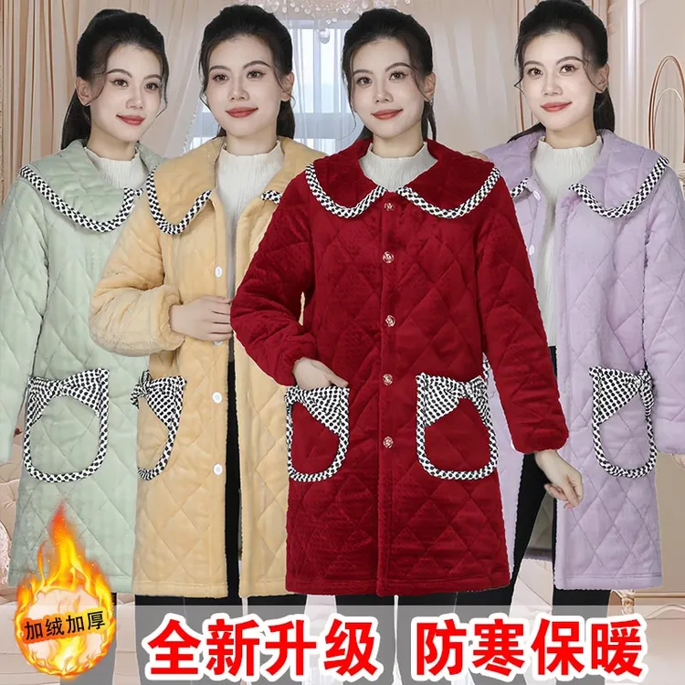 冬季保暖罩衣长袖女士外穿四川省服加绒加厚夹棉防寒中长款大码
