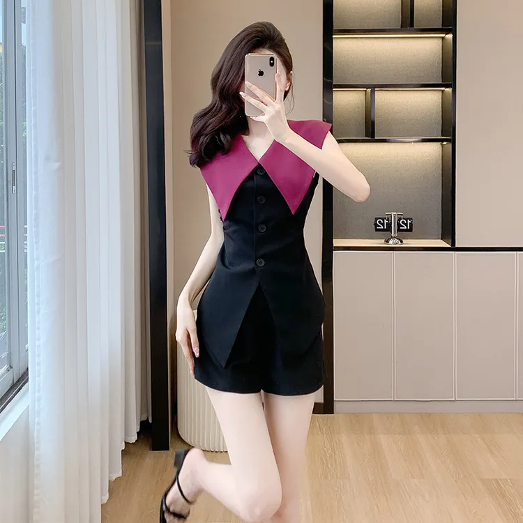 维多利亚西装套装女夏设计感时尚海军领收腰马甲上衣女高腰阔腿短