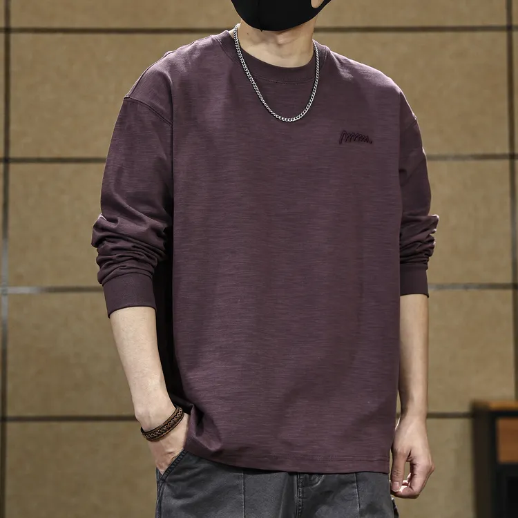 长袖t恤男秋季2025新款男士竹节纯棉圆领内搭衣服春秋款大码紫色