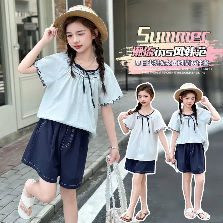 桔子虎女童套装夏季2025新款女孩中大童学院风刺绣娃娃衫棉布短裤