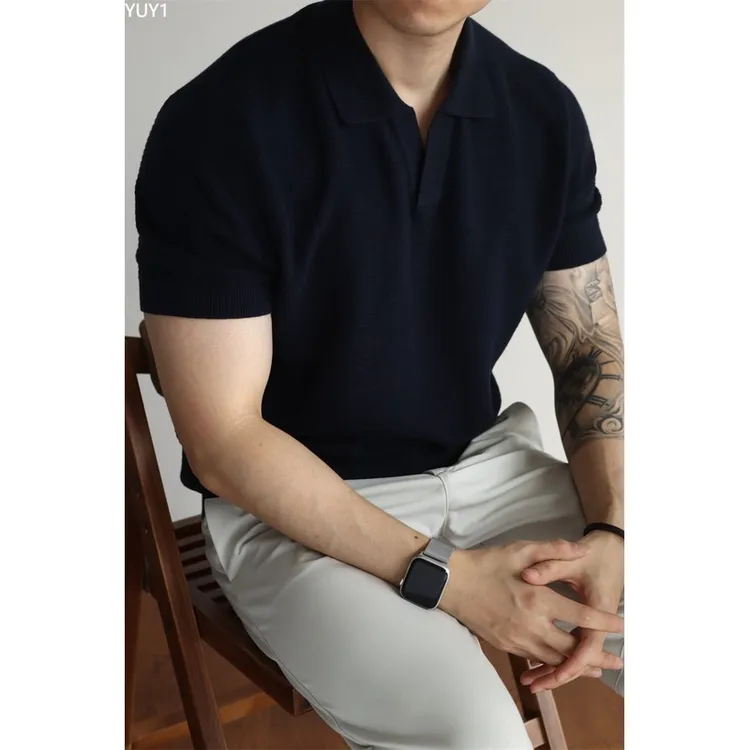 YUY1复古提花针织POLO纯棉翻领短袖美式海鸥领T恤男士透气春夏