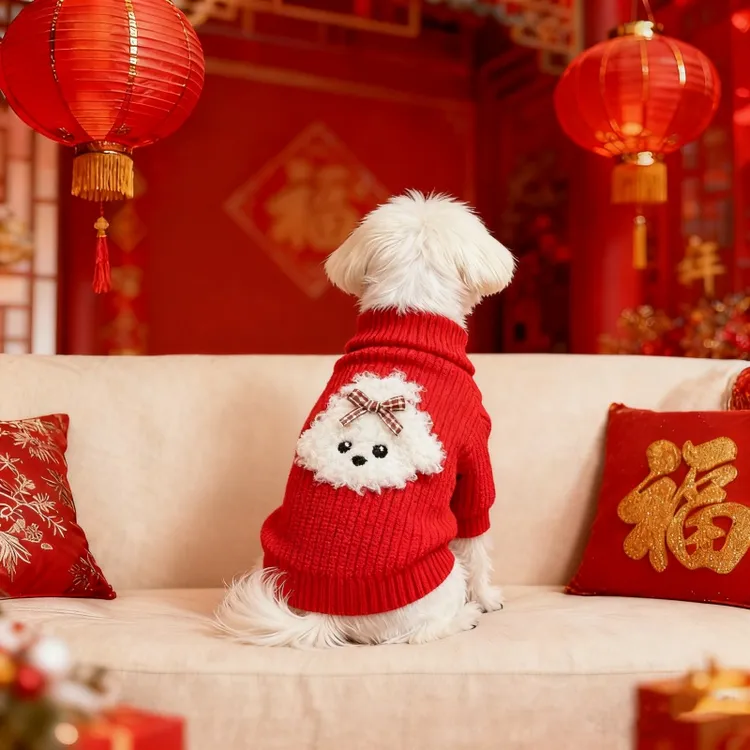 过新年狗狗泰迪马尔济斯约克夏北极绒彩点拉链半开衫宠物衣服红色