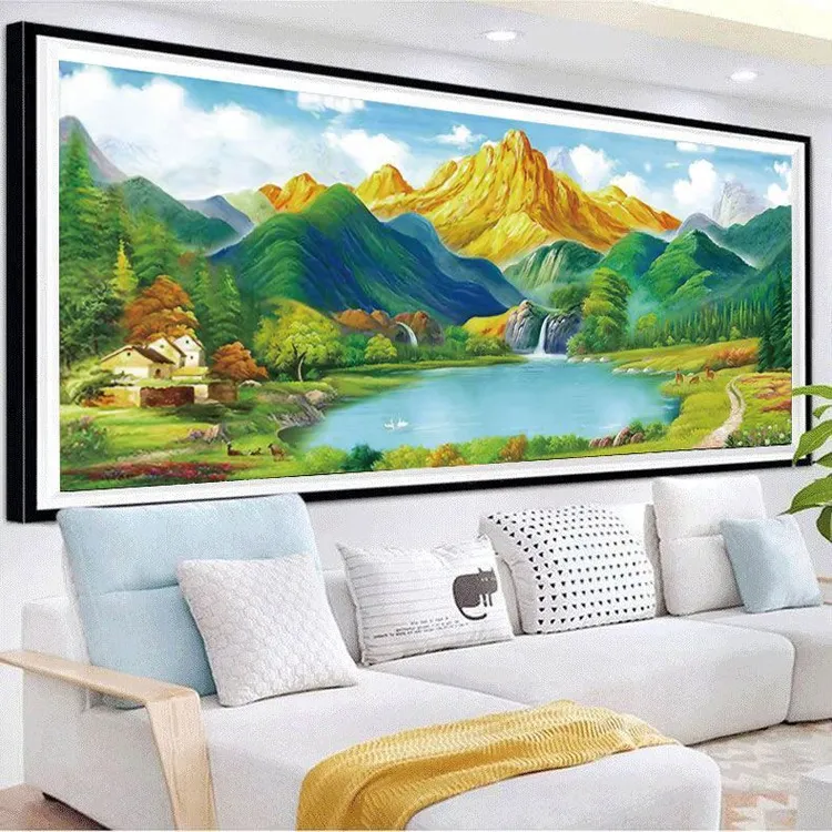 客厅大幅2025新款聚财金山聚宝盆风景39色山水画高级线绣十字绣