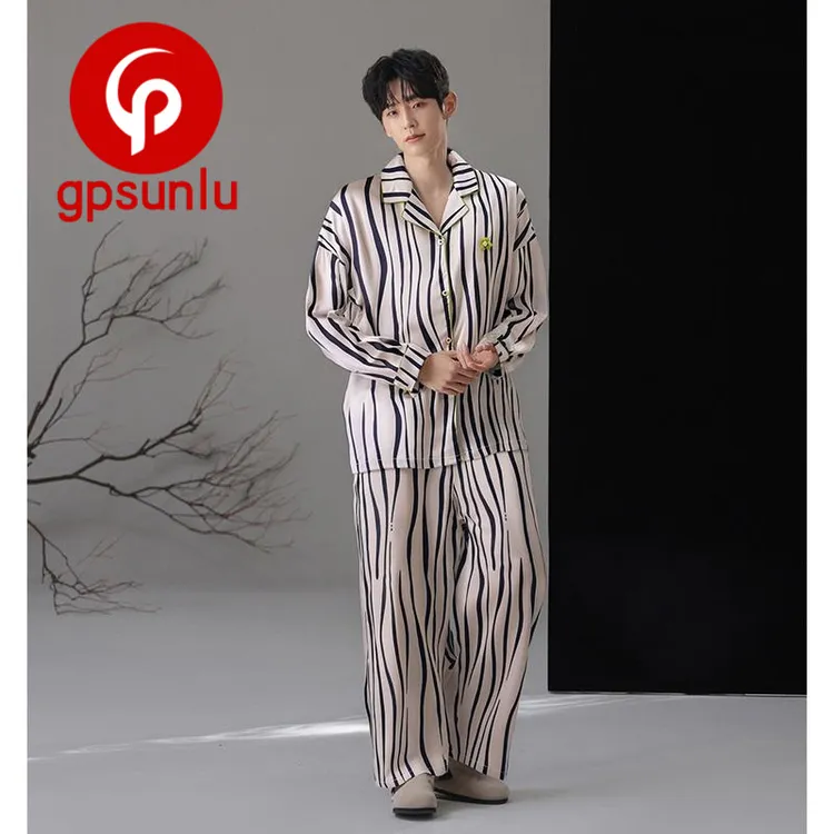 gpsunlu日系睡衣男士高档冰雪丝夏季薄款家居服可外穿条纹春秋款