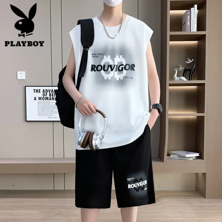 花花公子夏季2025新款背心套装男青少年学生运动休闲宽松男士百搭