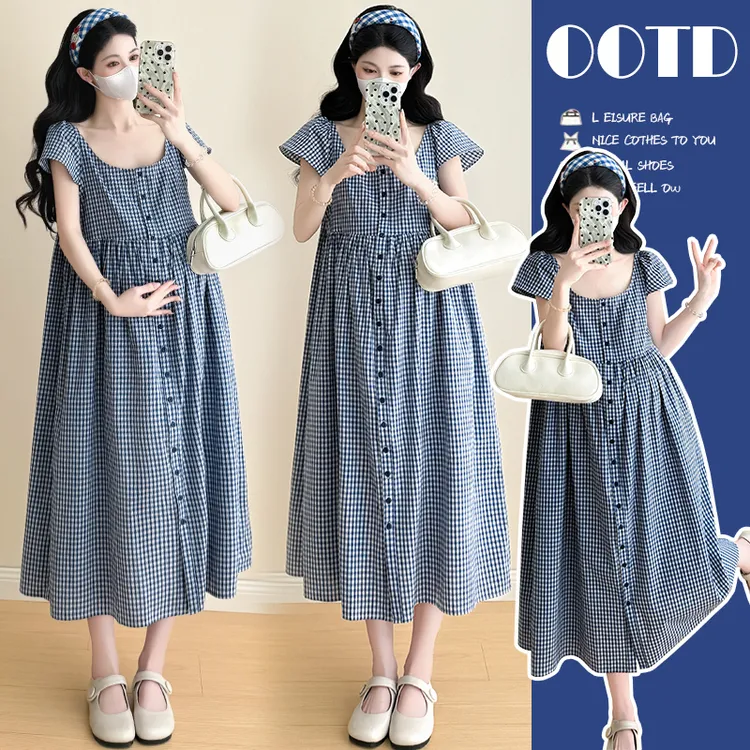 夏季孕妇装女2025新款宽松显瘦高腰气质休闲中长款格纹连衣裙夏装