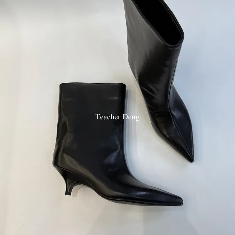 【邓老师】头层牛皮/5cm/新款尖头短靴女长筒靴时装靴小猫跟高跟鞋