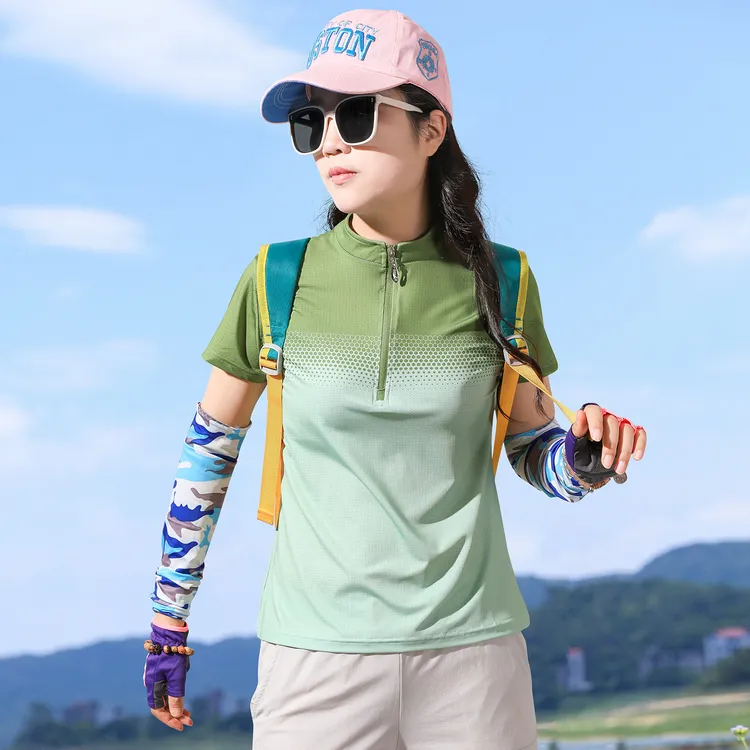 户外立领冰丝渐变运动速干T恤女短袖轻薄透气跑步徒步快干衣半袖