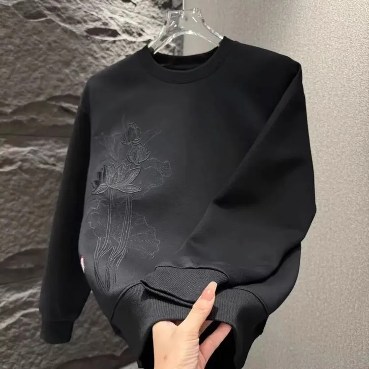 秋季新款时尚设计感国风花卉刺绣卫衣男士圆领休闲百搭长袖打底衫