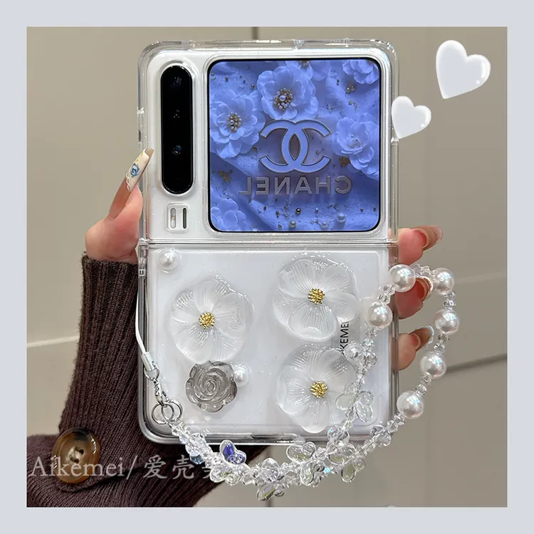 适用华为purax典藏版折叠屏手机壳pocket2透明滴胶立体珍珠山茶花