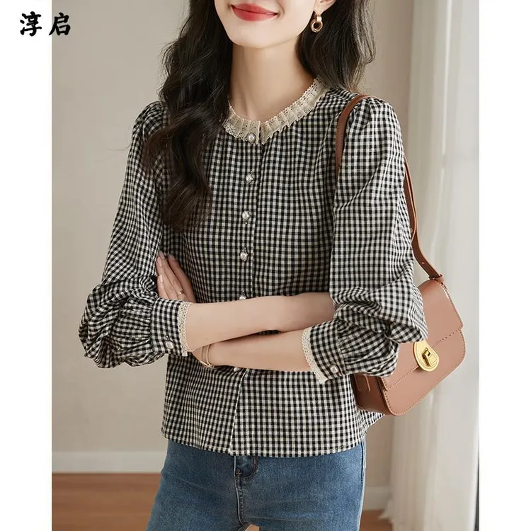淳启秋季法式复古圆领格子衬衫女2025年新款时尚洋气长袖衬衣上衣