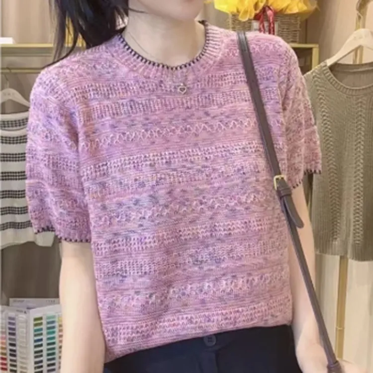 拉夏贝尔短袖t恤女夏季2025新款设计感百搭气质显瘦时尚针织上衣