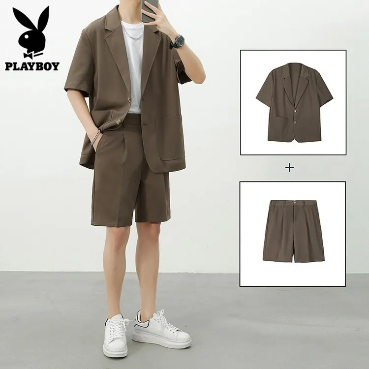 花花公子短袖西服套装男士2025年夏季薄款潮流宽松休闲西装两件套