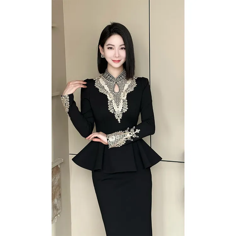 格娜【夜宴2.0】新款秋冬水滴领花瓣下摆显瘦别致轻奢修身显瘦套装