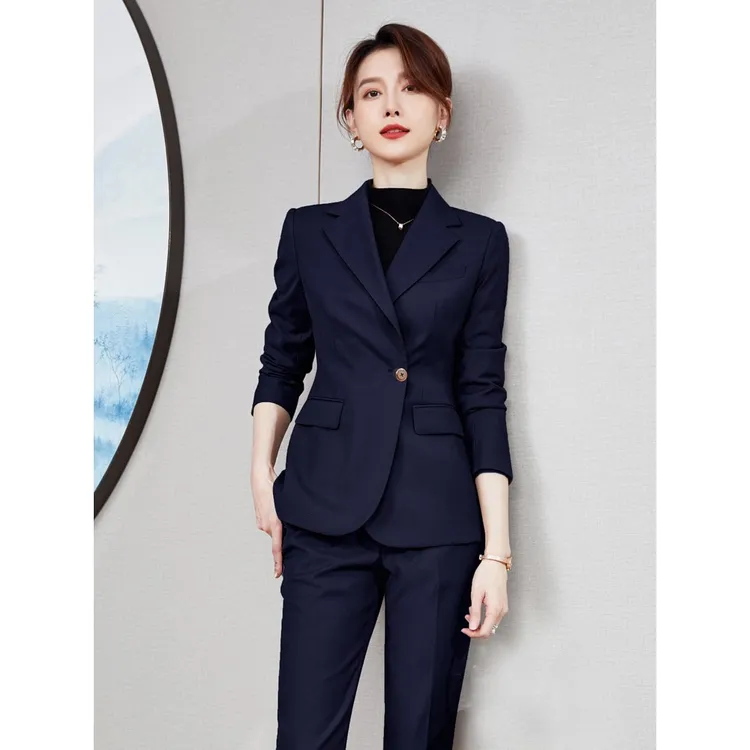 西装套装女春秋美容院工作服正装女职业时尚高定西服套装藏青黑