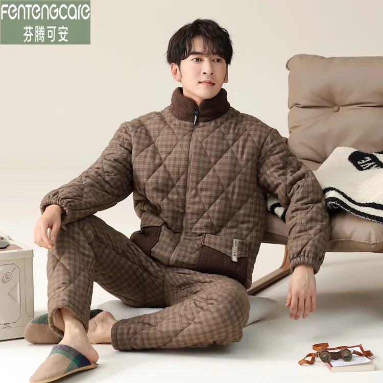芬腾可安2025新款睡衣男士冬季三层加厚加绒梭织棉夹棉保暖家居服