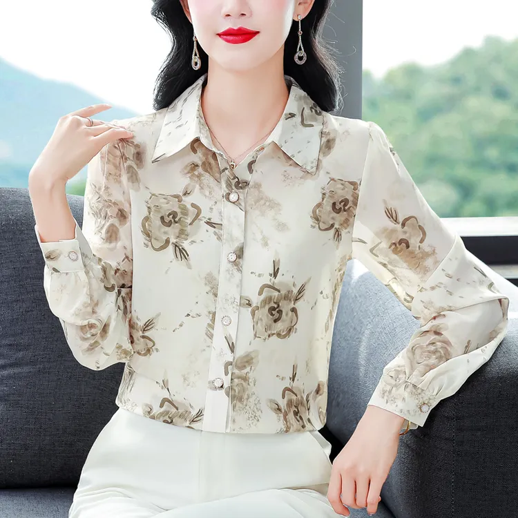 高端长袖衬衫女2025春秋新款女装时尚碎花气质印花百搭女士衬衣