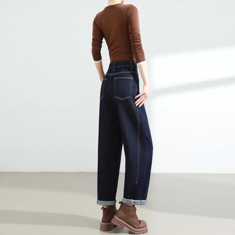 莱赛尔牛仔哈伦裤女春秋高腰宽松显瘦直筒小个子九分萝卜老爹裤子