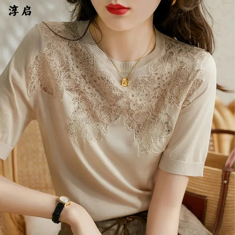 淳启时尚休闲高级设计感洋气百搭潮流气质针织衫圆领蕾丝刺绣上衣