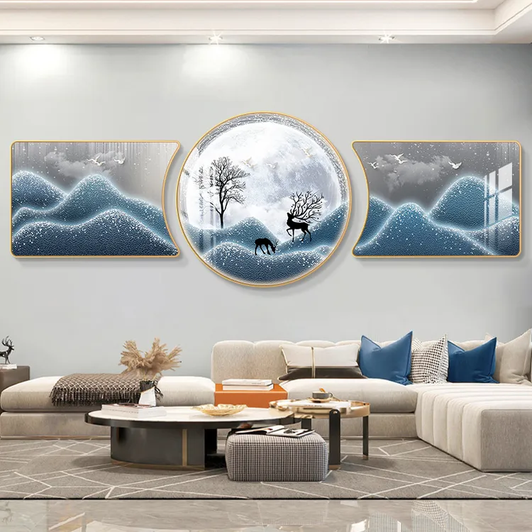 沙发背景墙装饰画山水客厅背景墙挂画寓意好福禄壁画三联高档画