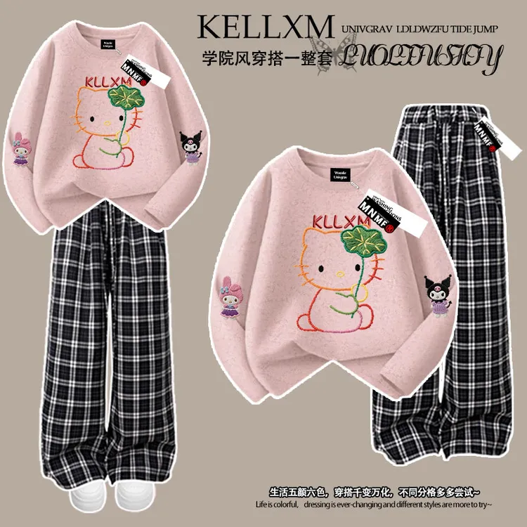 韩版设计感仿刺绣kitty猫女童纯棉扎染长袖t恤格子裤中大童套装潮