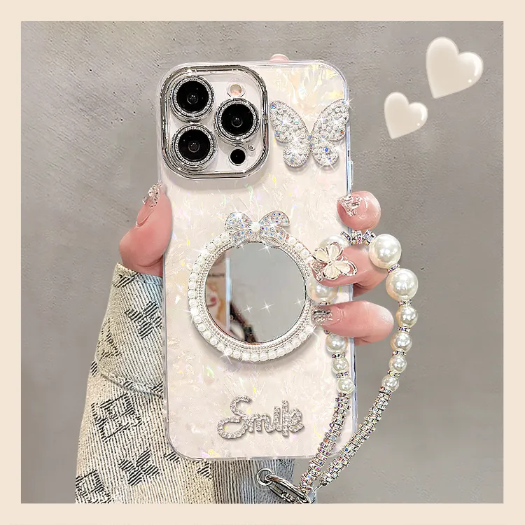 珍珠小镜子适用苹果15vivo华为oppo小米iPhone16精孔贝壳纹手机壳