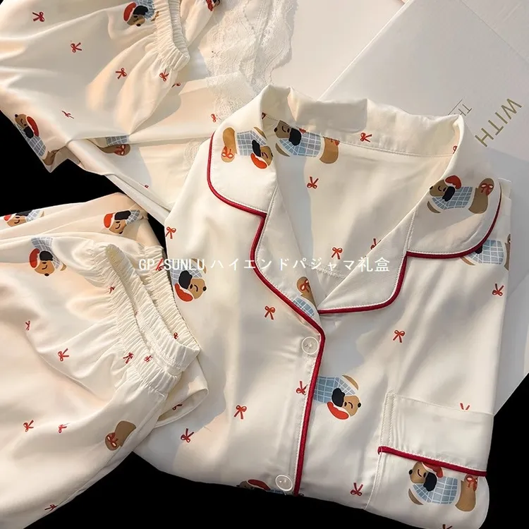 gpsunlu冰丝睡衣女春秋夏季短袖长裤三件套可爱甜美家居服可外穿