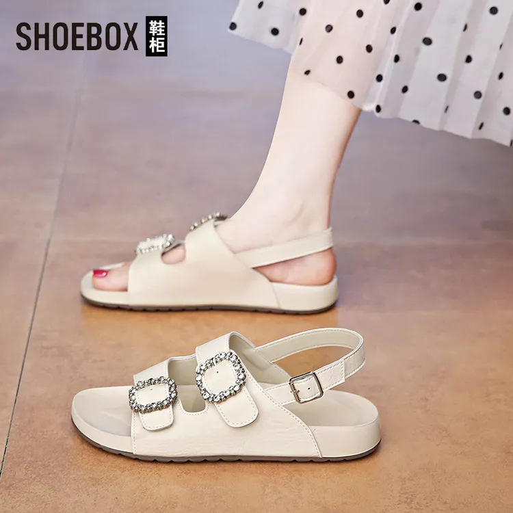 SHOEBOX鞋柜银色勃肯凉鞋女夏外穿2025新款软底水钻扣罗马鞋