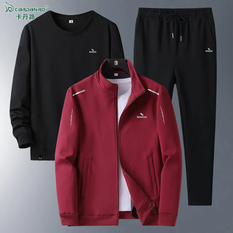 卡丹路爸爸装中老年男装2025新款春秋卫衣外套三件套运动休闲套装