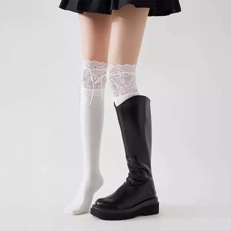白色蕾丝长筒袜子女款春秋纯棉骑士靴小腿大腿长靴子过膝堆堆袜套