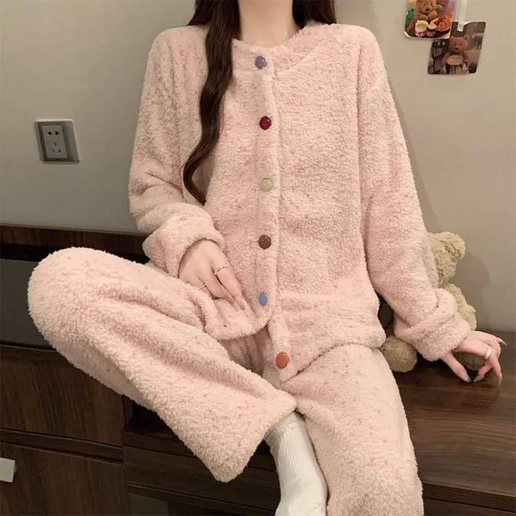 韩版睡衣女秋冬季加绒加厚加厚休闲开衫半边绒细绒外穿家居服套装