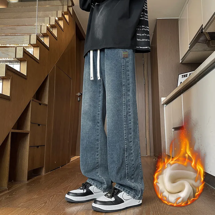 秋冬加绒加厚水洗牛仔裤男生加长阔版新款复古美式宽松直筒休闲裤