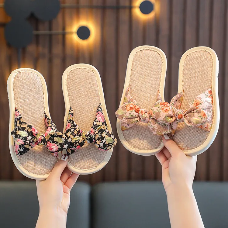 亚麻拖鞋春秋季女童日系甜美田园小香风布艺家居拖鞋