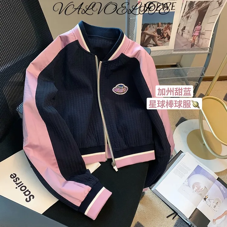运动风撞色拼接夹克外套女2022秋季新款宽松休闲短款棒球服上衣潮