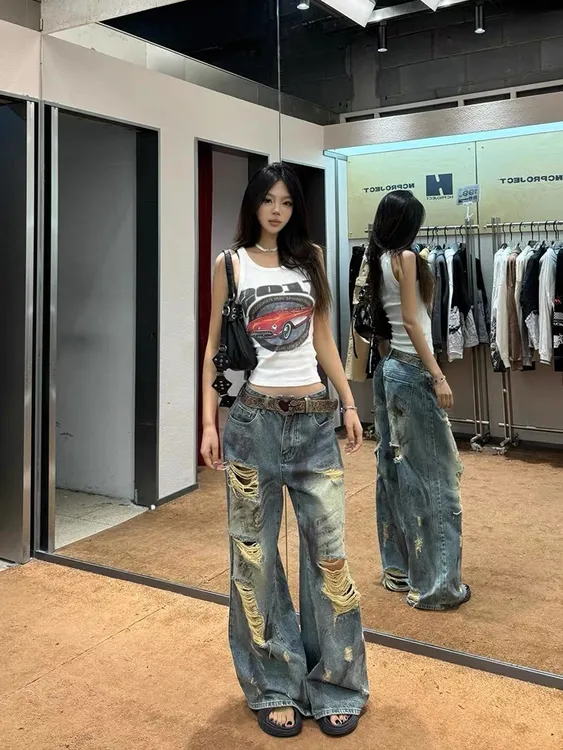 美式复古高街设计感破洞牛仔裤女春夏秋季垂感复古脏染高腰拖地裤