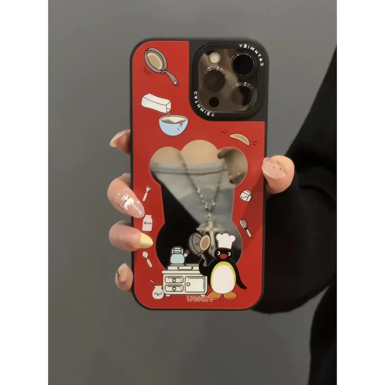 厨师pingu适用苹果16黑边手机壳iPhone15镜面可爱ins风14plus小众