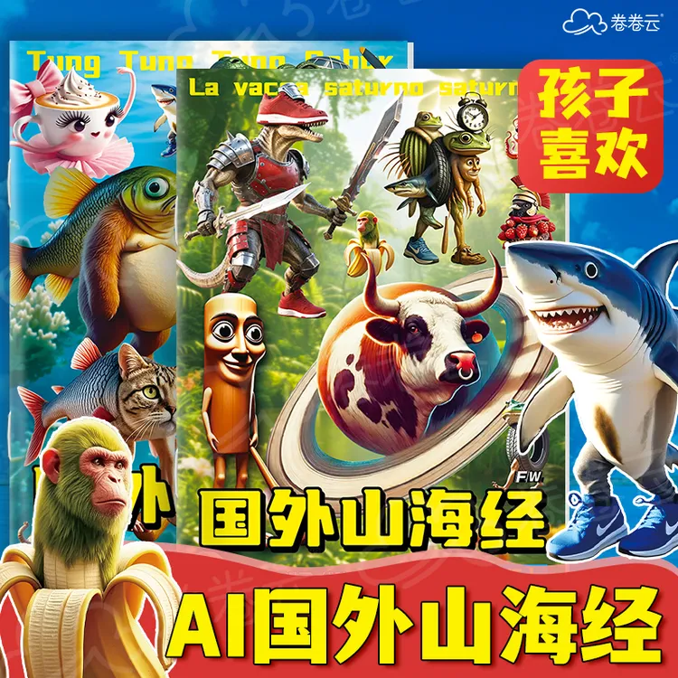 山海经描摹本tungtungsahur木棍人穿鞋鲨鱼涂色本填色绘画轮胎鳄