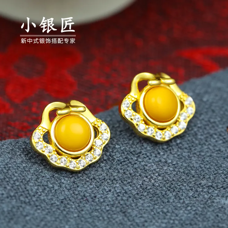 小银匠925银蜜蜡耳钉女如意祥云经典黄新中式复古国潮风宫廷耳饰
