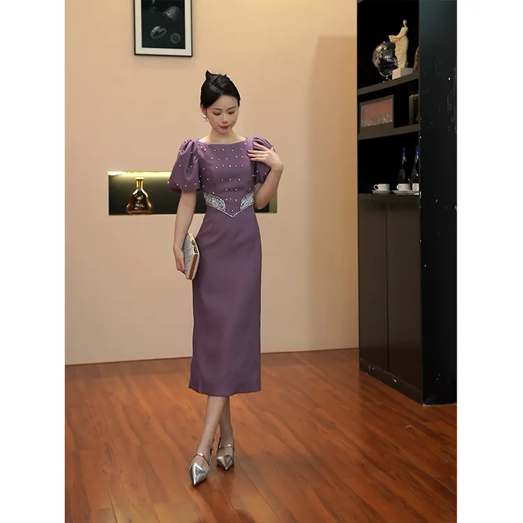 3221夏季圆领钉珠泡泡袖收腰显瘦紫色连衣裙