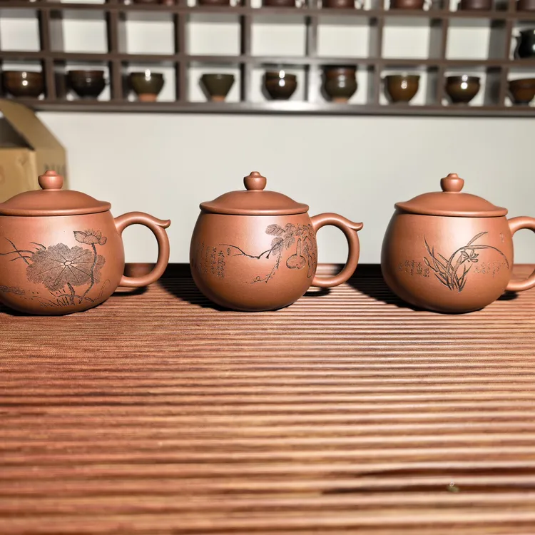 紫砂盖杯，黄龙山底槽清，精工半手300cc（下单请备注图案，否则随机）