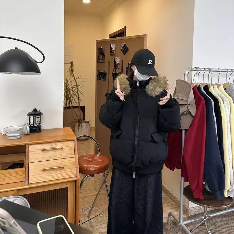 连帽棉服男女同款冬季复古款式情侣加厚毛领派克服MY031