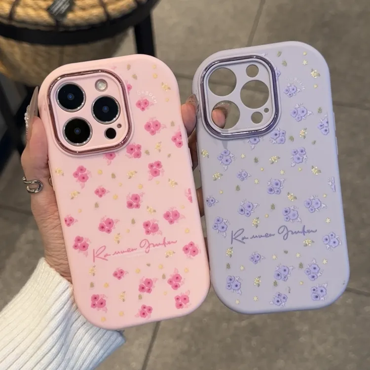 奥菲顿粉紫英文碎花适用iPhone16精孔胖墩手机壳华为vivo小米oppo