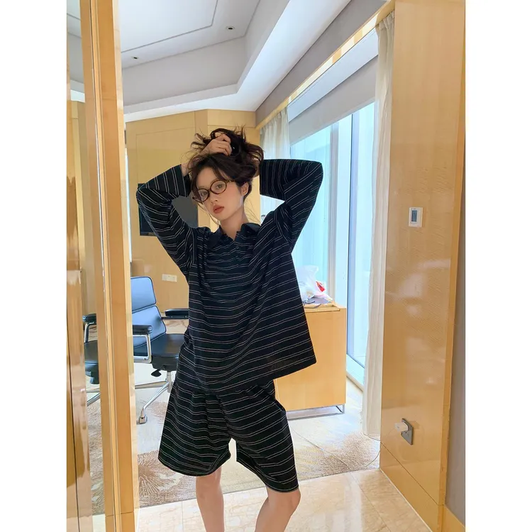 慵懒风条纹睡衣女2025新款Polo领长袖家居服套装