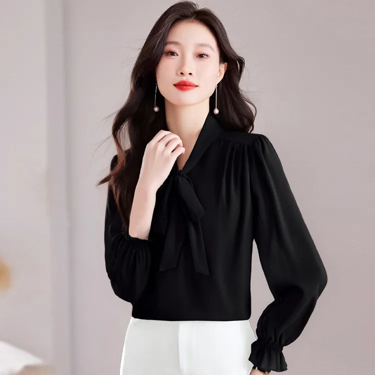 2025春秋新品优雅系带女士雪纺长袖衬衫减龄显瘦遮肉大码上衣465