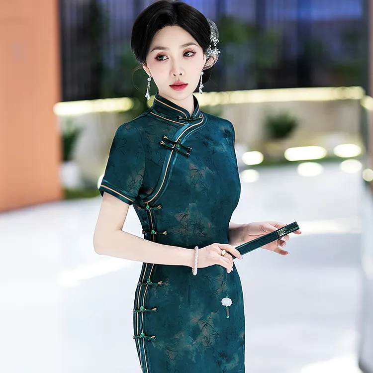 新中式旗袍长款日常可穿2025夏季高端老上海素雅国风礼服改良裙子